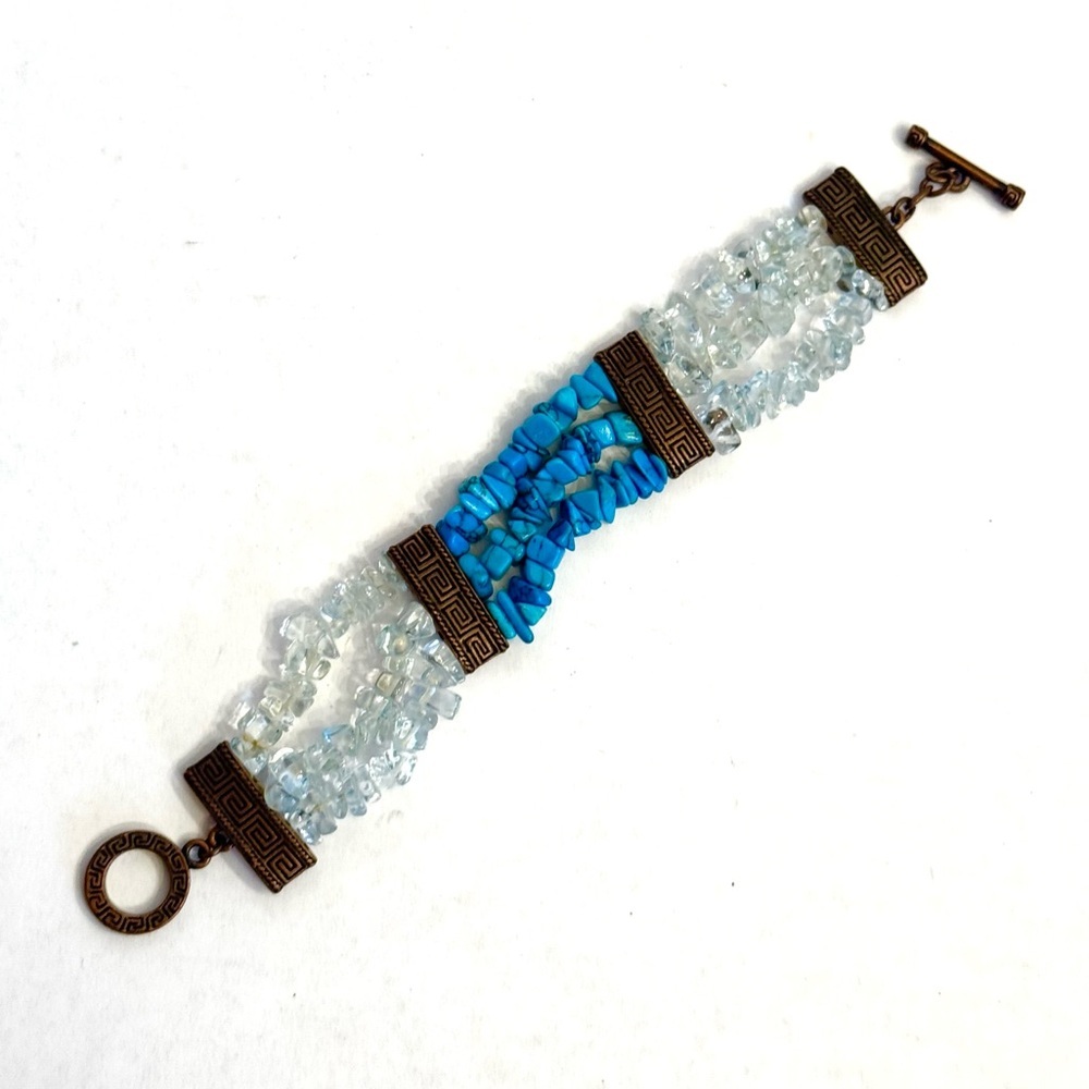 Vintage Blue Turquoise and Quartz Bracelet Multi Strand Stretch Gemstone Jewelry
